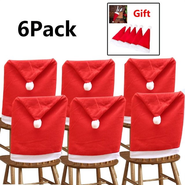 Christmas Chair Back Cover Set of 6, Santa Clause Red Hat Slipcovers