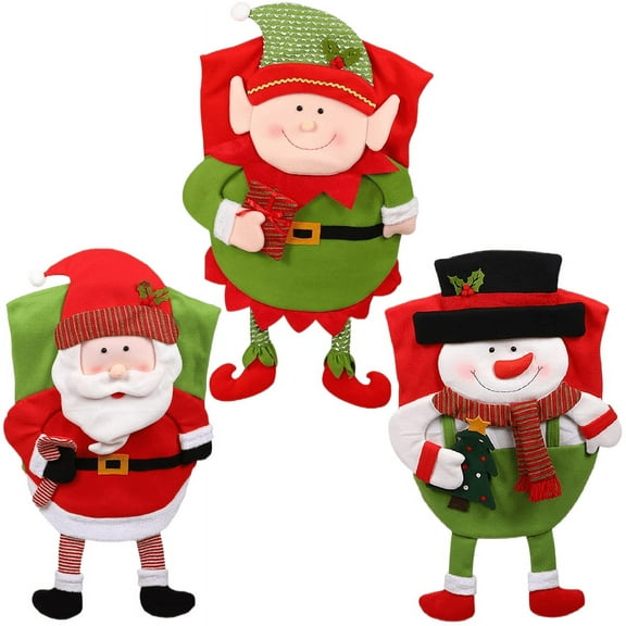 Christmas Chair Cover Cute Plush Santa Claus Snowman Elf Christmas Seat Covers for Dining Chairs Christmas Chair Back Covers Kitchen Decorations for Christmas Holiday Party Decor