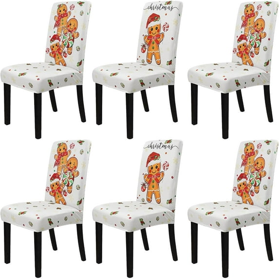Christmas Chair Cover Set of 6 Gingerbread Winter Dining Room Slipcovers Stretch Parsons Chair Seat Protectors Xmas Holiday Decor-6PCS