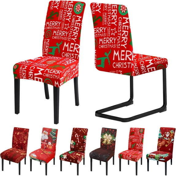 Christmas Chair Covers for Dining Room Set of 6 Stretch Dining Chair Covers Xmas Kitchen Chair Slipcovers Pattern Luxury Removable Washable Parson Chair Covers(6Pcs,Xmas Letter)