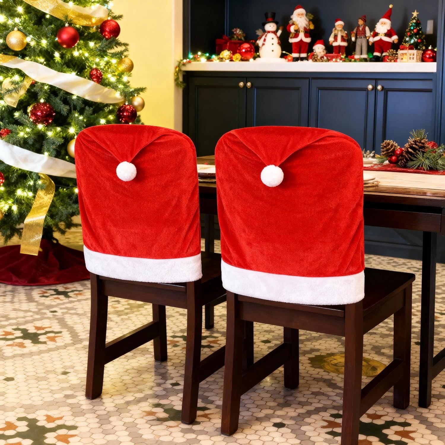 Christmas Chair Covers,Red and White Santa Claus Hat Chair Back Cover Christmas Chair Slipcovers for Xmas Kitchen Dinning Room Bar Decoration Holiday Festival Party Supply