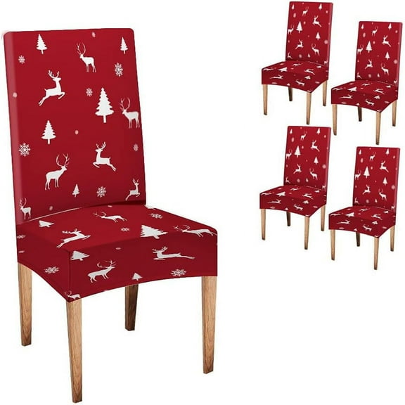 Christmas Chair Covers Removable Set of 4 Red Dining Chair Slipcovers Decorative Art Happy Winter Holiday New Year Season Seat Slipcovers for Dining Room