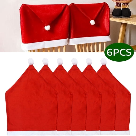 Christmas Chair Covers Santa Claus Red Hat Chair Slipcover Dining Chair Back Cover for Christmas Decoration 6 Pack