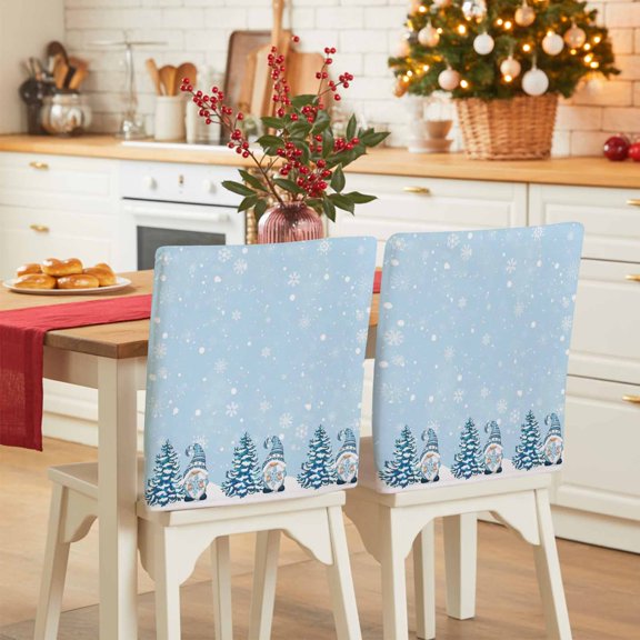 Christmas Chair Covers Set of 1 Xmas Gnomes Winter Trees Snowflakes Light Blue Chair Back Covers Stretch Removable Washable Slipcovers Protector for Dining Room Kitchen Party Decor