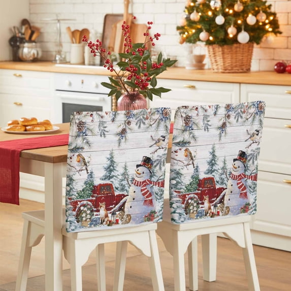 Christmas Chair Covers Set of 1 Xmas Snowman Truck Pine Tree Leaf Animals Wood Grain Chair Back Covers Stretch Removable Washable Slipcovers Protector for Dining Room Kitchen Party Decor