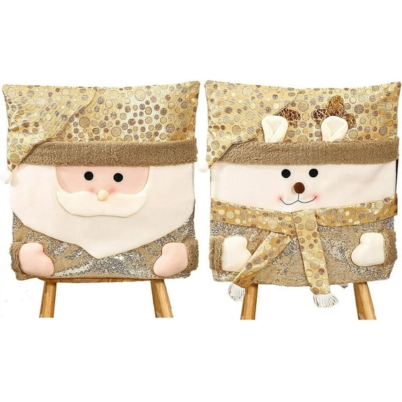 Christmas Chair Covers, Set of 2 Cartoon Christmas Dining Chair Slipcover, Cute Santa Claus Snowman Reindeer Xmas Chair Back Covers, Gold Glitter Seat Cover for Home & Kitchen Decor