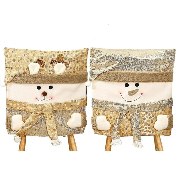 Christmas Chair Covers, Set of 2 Cartoon Christmas Dining Chair Slipcover, Cute Santa Claus Snowman Reindeer Xmas Chair Back Covers, Gold Glitter Seat Cover for Home & Kitchen Decor