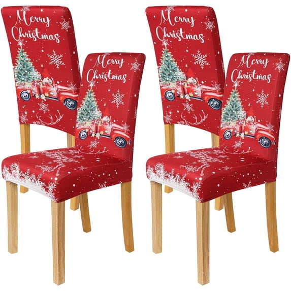Christmas Chair Covers Set of 4, Christmas Decorations Stretch Removable Washable Dining Room Chair Protector Slipcovers for Xmas Decor Holiday Party Kitchen Home Decorations (Red Truck, 4 PCS)