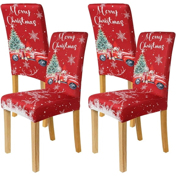 Christmas Chair Covers Set of 4, Christmas Decorations Stretch Removable Washable Dining Room Chair Protector Slipcovers for Xmas Decor Holiday Party Kitchen Home Decorations (Red Truck, 4 PCS)