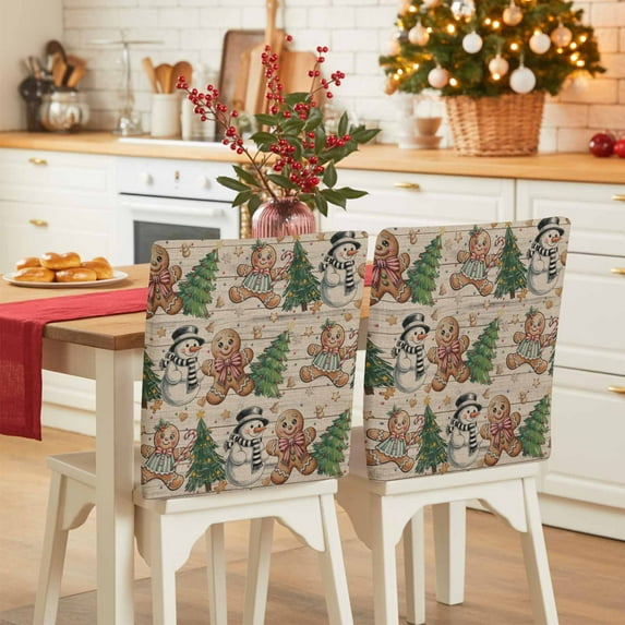 Christmas Chair Covers Set of 4 Gingerbread Man Snowman Xmas Tree Star Wood Grain Chair Back Covers Stretch Removable Washable Slipcovers Protector for Dining Room Kitchen Party Decor