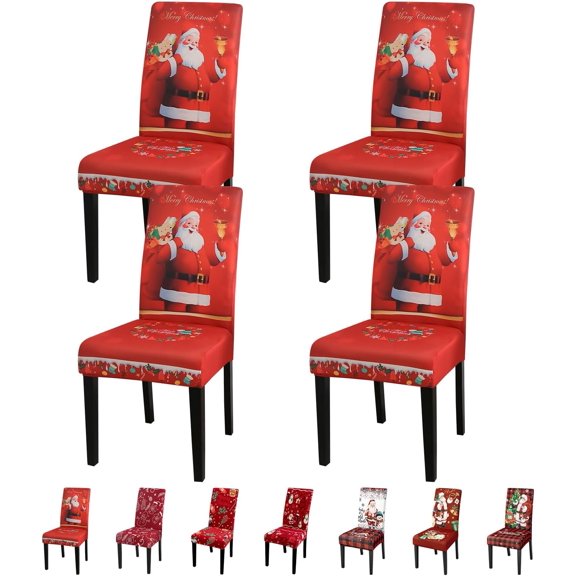 Christmas Chair Covers Set of 4,High Stretch Removable Washable Chair Seat Protector Cover for Christmas Decoration-Christmas Theme Decor with Snowflake(Santa Claus)