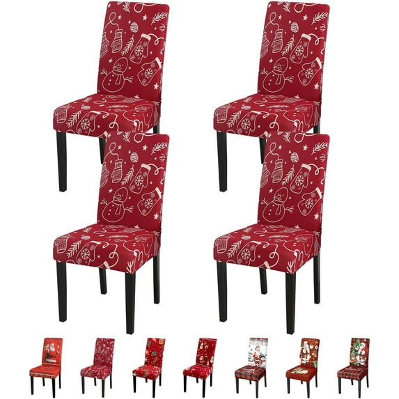 Christmas Chair Covers Set of 4,High Stretch Removable Washable Chair Seat Protector Cover for Christmas Decoration-Christmas Theme Decor with Snowflake(Snowman Gloves)