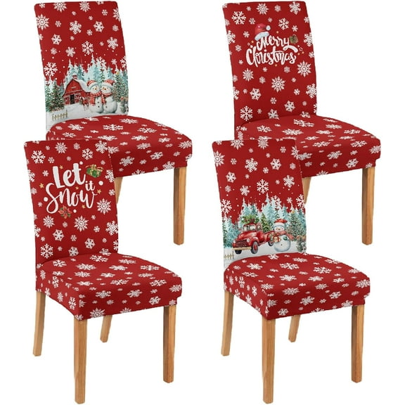 Christmas Chair Covers Set of 4 Snowman Red Truck Dining Chair Seat Cover Stretch Removable Xmas Chair Slipcover Protector for Xmas Dining Room Kitchen Home Decor