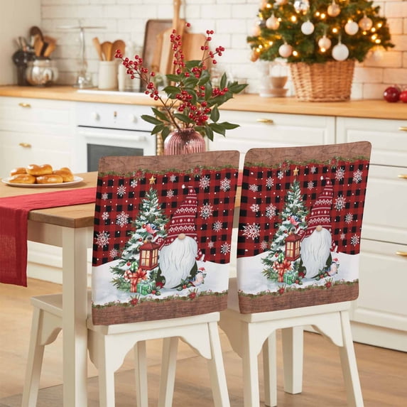 Christmas Chair Covers Set of 4 Xmas Dwarfs Pine Tree Snowflakes Plaid Wood Grain Chair Back Covers Stretch Removable Washable Slipcovers Protector for Dining Room Kitchen Party Decor
