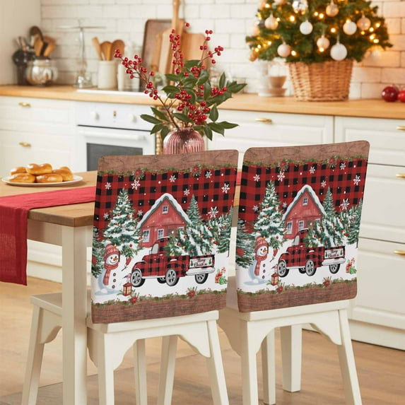 Christmas Chair Covers Set of 4 Xmas Plaid Truck Snowman Farmhouse Pine Wood Grain Chair Back Covers Stretch Removable Washable Slipcovers Protector for Dining Room Kitchen Party Decor