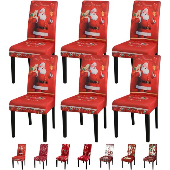 Christmas Chair Covers Set of 6,High Stretch Removable Washable Chair Seat Protector Cover for Christmas Decoration-Christmas Theme Decor with Snowflake(Santa Claus)