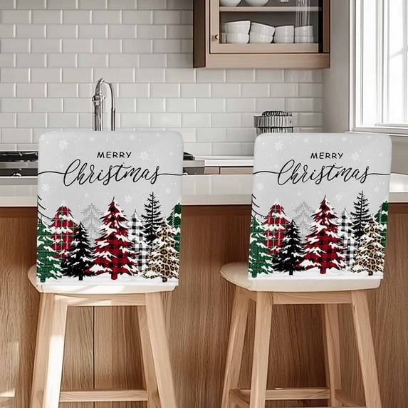 Christmas Chair Covers Set of 6 Red Green Plaid Leopard Xmas Tree Chair Back Covers Stretch Removable Washable Slipcovers Protector for Dining Room Kitchen Party Decor