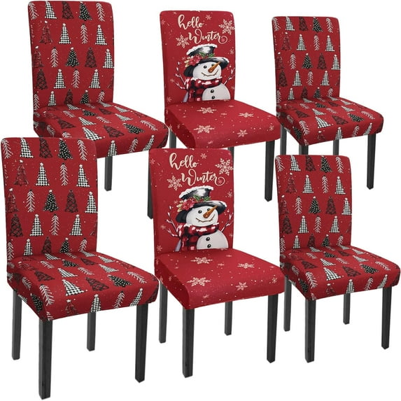 Christmas Chair Covers Set of 6 Winter Snowman Stretch Parsons Chair Slipcovers Christmas Tree for Xmas Holiday Dining Room Decor Chair Seat Protectors (Red Snowman,6PCS)