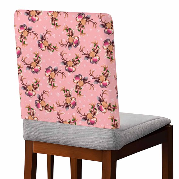 Christmas Chair Covers Set of 8 Pink Nosed Reindeer Snowflakes Texture Pink Chair Back Covers Stretch Removable Washable Slipcovers Protector for Dining Room Kitchen Party Decor