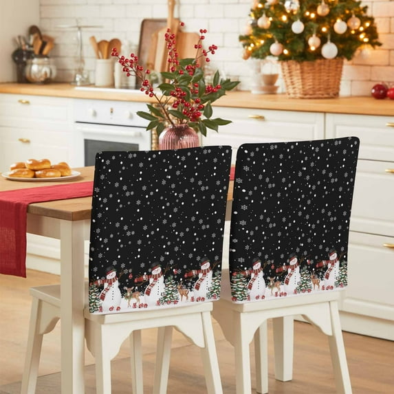 Christmas Chair Covers Set of 8 Winter Snowman Xmas Tree Deer Snowflakes Black Chair Back Covers Stretch Removable Washable Slipcovers Protector for Dining Room Kitchen Party Decor