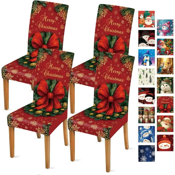 Christmas Chair Covers Set of 4, Red Bow and Wreath Dining Chair Slipcovers with Pinecones and Snowflakes, Stretchable Holiday Chair Protectors