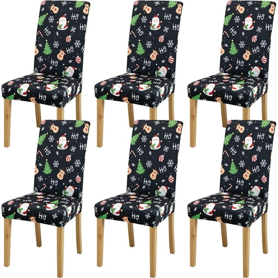 Christmas Chair Covers Set of 6 Dining Room Chair Slipcovers Christmas Trees and Santa Decoration Black Chair Covers for Kitchen Dining Room