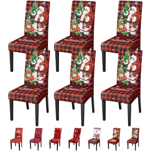 Christmas Chair Covers Set of 6 - High Stretch Removable Washable Seat Protector for Decoration - Santa Claus Theme Decor (Plaid, 6PC)