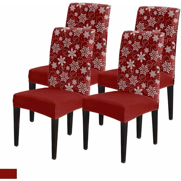Christmas Chair Covers, Snowflake Winter Red White Vintage Stretch Parsons Chair Slipcovers Removable Kitchen Chair Protector Cover for Dining Room， Set of 4