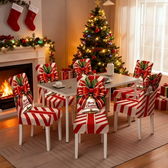 Christmas Chair Covers with Ribbon Bow - Elastic Stretch Dining Seat Covers for Holiday Decor, Red Stool Covers for Kitchen & Party Decoration
