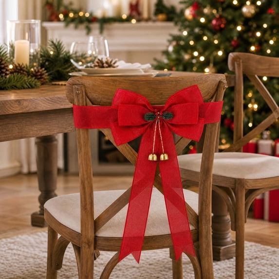 Christmas Chair Sashes Bows with Jingle Bells,Chair Covers, Adjustable Backs, for 15-19.6'' Chairs, Rustic Christmas Chair Decorations, Farmhouse Kitchen Decor