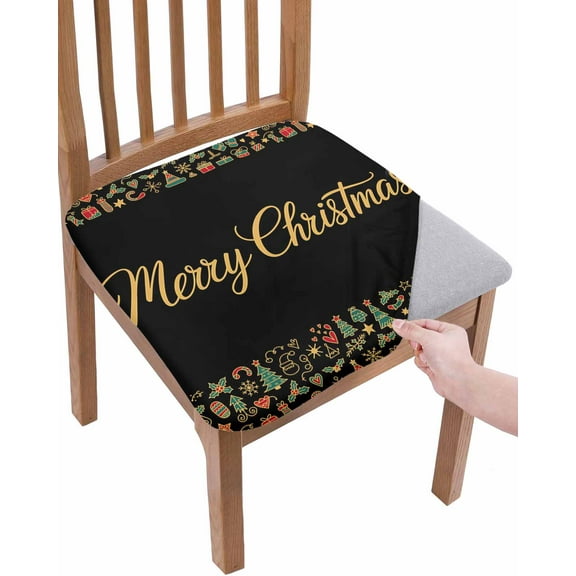 Christmas Chair Seat Covers for Dining Room Stretch Chair Seat Covers Set of 1, Modern Winter Xmas Trees Gifts Black Chair Seat Protector Cushion Slipcovers for Kitchen Restaurant Office
