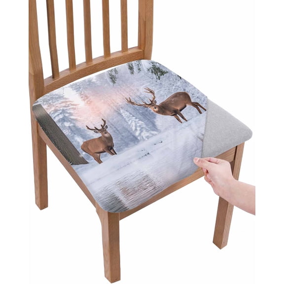 Christmas Chair Seat Covers for Dining Room Stretch Chair Seat Covers Set of 1, Winter Elk Snowy Forest Sunset Natural Scenery Chair Seat Protector Cushion Slipcovers for Kitchen Restaurant Office