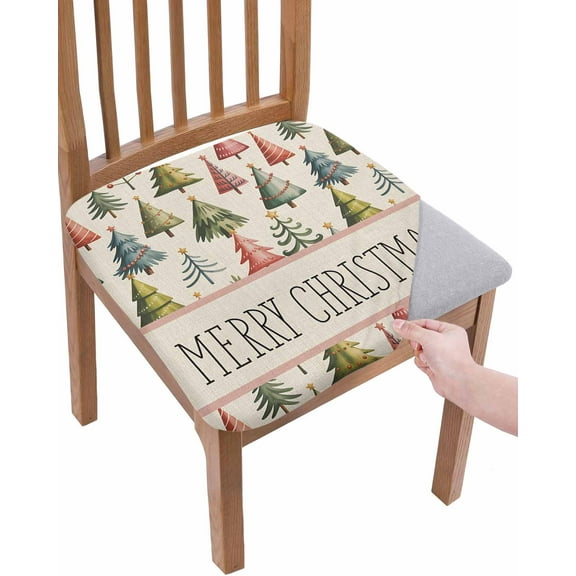 Christmas Chair Seat Covers for Dining Room Stretch Chair Seat Covers Set of 1, Winter Watercolor Xmas Pine Trees on Linen Chair Seat Protector Cushion Slipcovers for Kitchen Restaurant Office