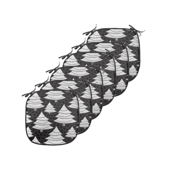 Christmas Chair Seating Cushion Set of 6, Monochrome Print of Repeating Ornate Trees on a Backdrop with Polka Dots, Seat Pads with Anti-slip Backing, 16"x16", Charcoal Grey White, by Ambesonne