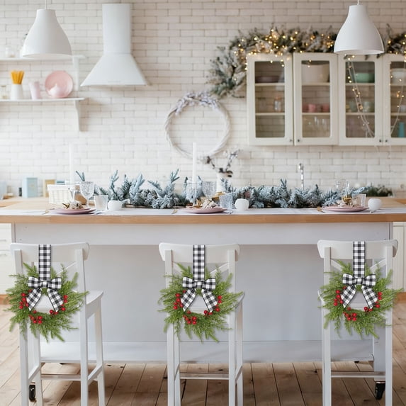 Christmas Chair Wreath 1pc, 10.6 Inch Small Greenery Decor for Dining Chair, Kitchen Cabinet, Window, Door, Wall and Holiday Table Setting
