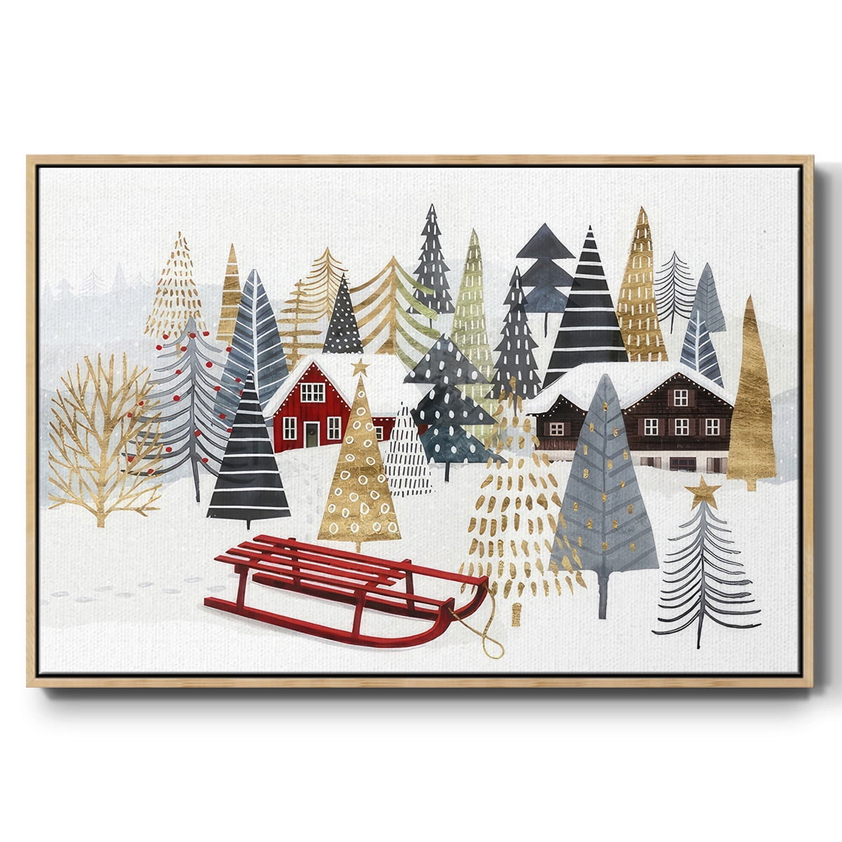 Christmas Chalet Collection A - Framed Gallery Wrapped Holiday Canvas - 17 x 25 - Natural Wood Frame