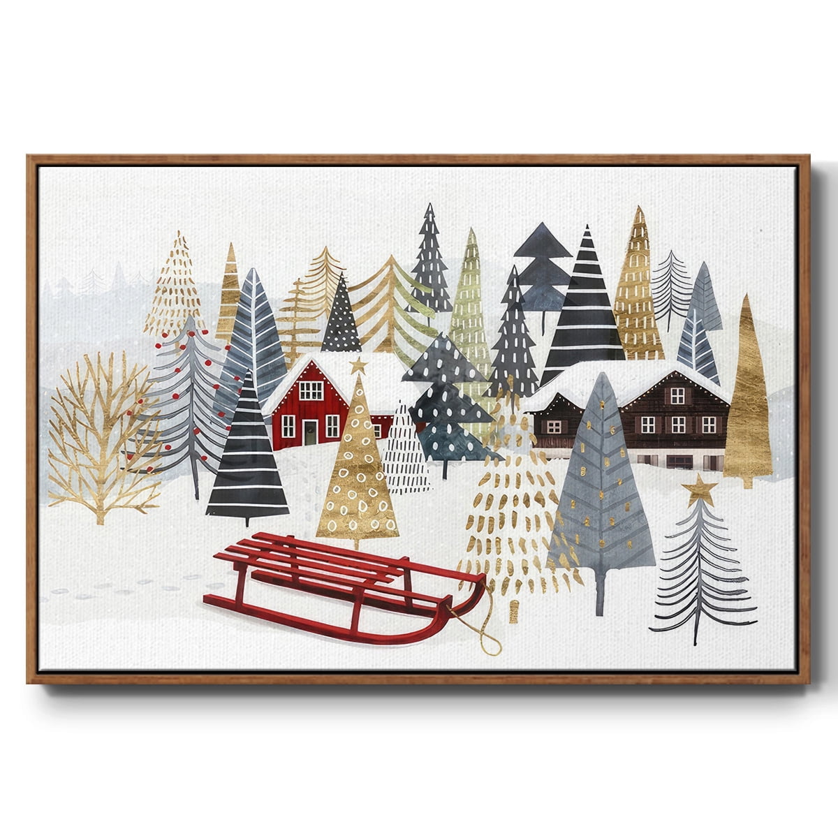 Christmas Chalet Collection A - Framed Gallery Wrapped Holiday Canvas - 17 x 25 - Rosewood Frame