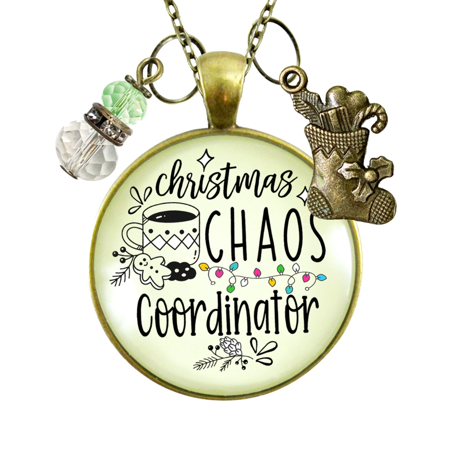 Christmas Chaos Coordinator Fun Holiday Necklace Gutsy Goodness Female Adult Bronze Metal Jewelry