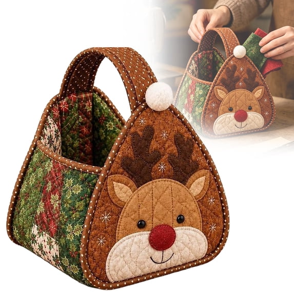 Christmas Character Quilted Carry Basket, DIY Fabric Storage Basket Christmas Character Quilted Basket Tote for Candy, Foldable Handmade Storage Bin for Christmas Decor, Home Storage