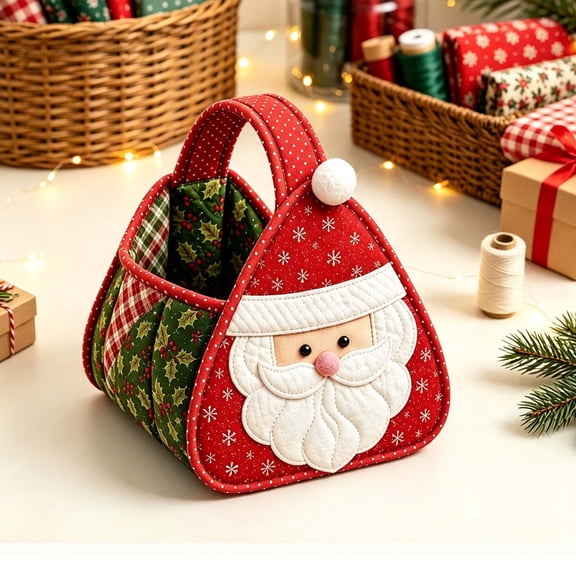 Christmas Character Quilted Carry Basket,Diy Fabric Storage Basket Kit,Handstitched Santa Reindeer Snowman Xmas Tree Storage Organizer, Decorative Home Organizer For Home Storage