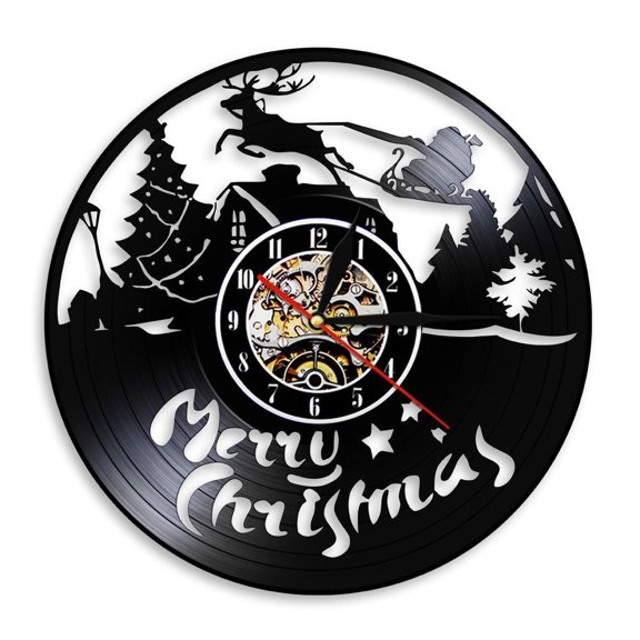 Christmas Characters Wall Clock Reindeer Santa Clause on Sleigh Vinyl Record Wall Clock Merry Christmas Symbols Housewarming Git Without LED