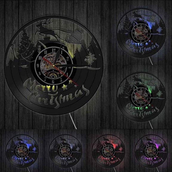 Christmas Characters Wall Clock Reindeer Santa Clause on Sleigh Vinyl Record Wall Clock Merry Christmas Symbols Housewarming Git