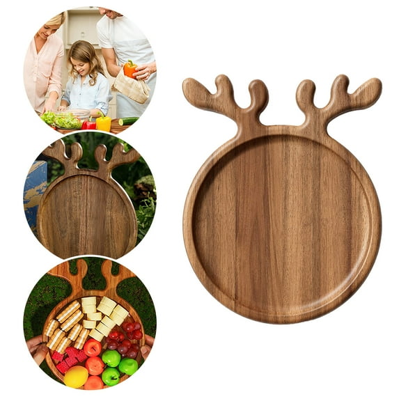Christmas Charcuterie Appetizer Platter 1 Pc, Wood Cutting Board Serving Tray, Xmas Antlers Dessert Plate for Dinner Table (8.3x6x0.6inch)