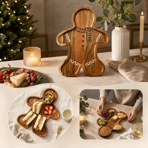 Christmas Charcuterie Board, Gingerbread Wooden Serving Platter, Holiday Cheese Board for Party Snack Appetizer Display