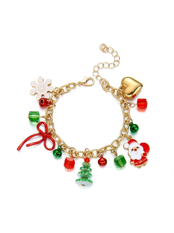 Christmas Charm Bracelet for Women, Adjustable Metal Chain Bracelet with Santa Claus, Snowflake, Bow, Heart, Tree & Bell Charms, Holiday Party Jewelry Gift