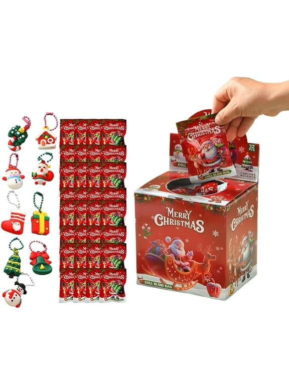 Christmas Charm Keychain 32 PCS Blind Bag, Cute Mini Reindeer Santa Ornaments, Christmas Bag Pendant for Kids Adults, Party Favors Gift