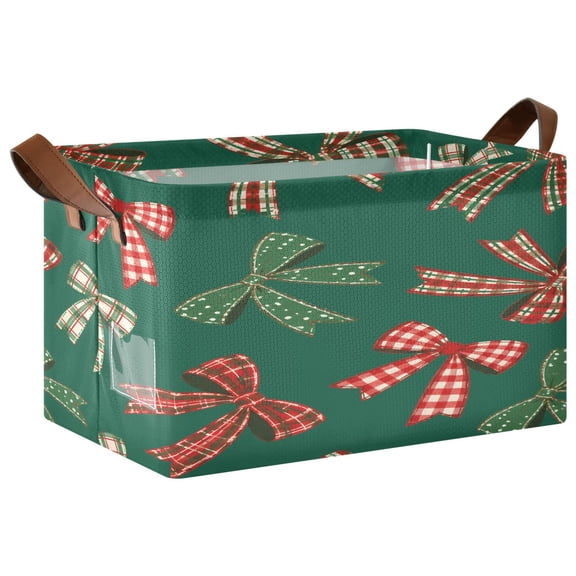 Christmas Checked Bow Foldable Storage Large Fabric Storage Baskets Organizer Storage Bins with Handles for Shelves