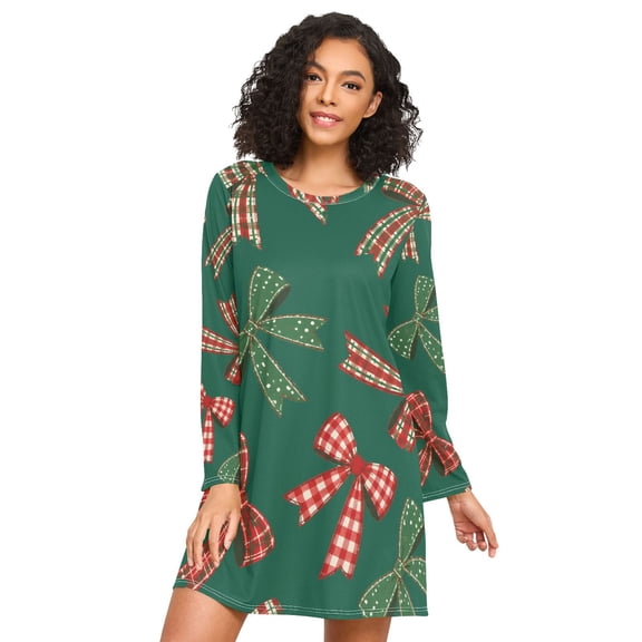 Christmas Checked Bow Nightgowns for Women Soft Sleepwear Long Sleeves Ladies Sleepshirt Nightdress