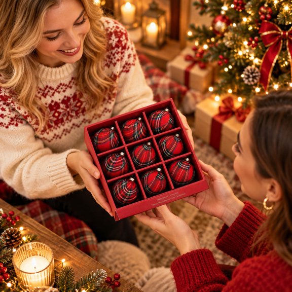 Christmas Checkered Ball Ornament Set Surface Covered Baubles Xmas Tree Decoration Balls in Storage Box for Holiday Home Kitchen Office Desk