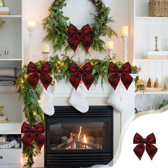 Christmas Checkered Bow - 9.5" Red Plaid Fabric Hanging Ornament for Tree/Wreath/Window, Farmhouse Holiday Decor Perfect for Gift Giving